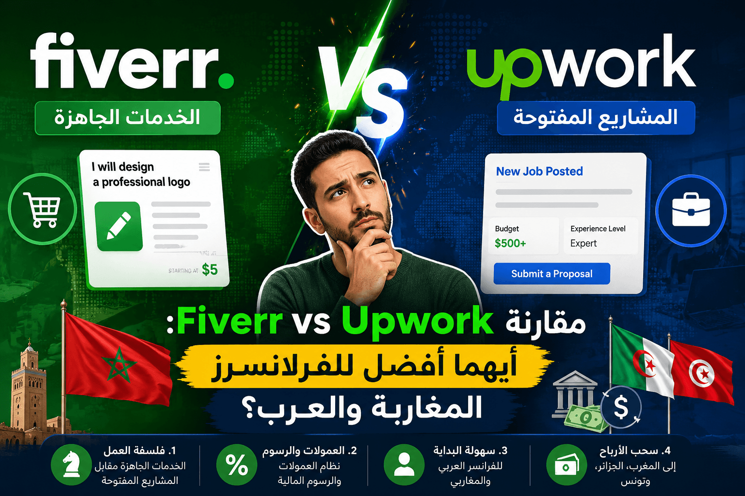 مقارنة Fiverr vs Upwork: أيهما أفضل للفرلانسرز المغاربة والعرب؟