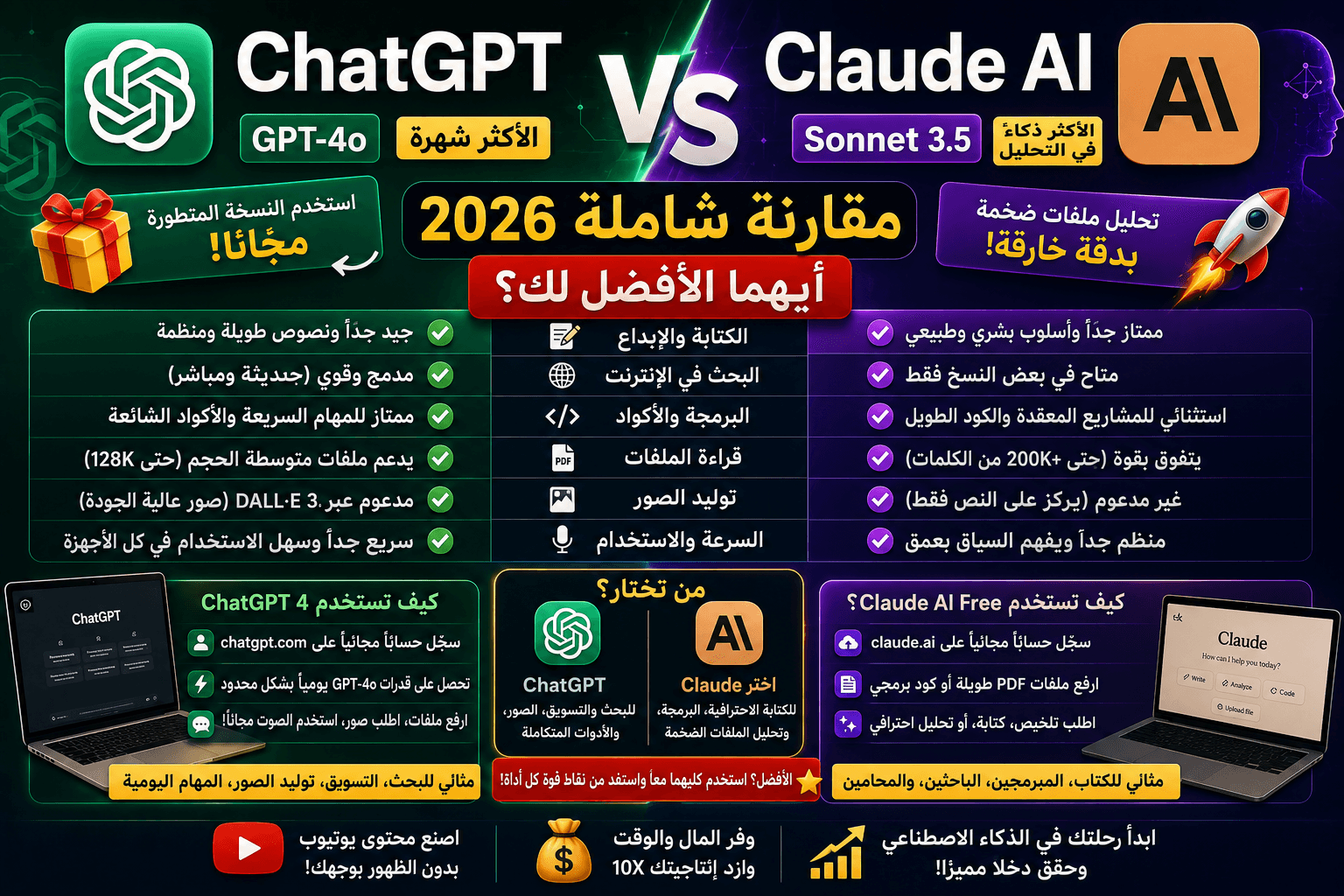 مقارنة شاملة 2026: ChatGPT vs Claude AI أيهما الأفضل لك؟