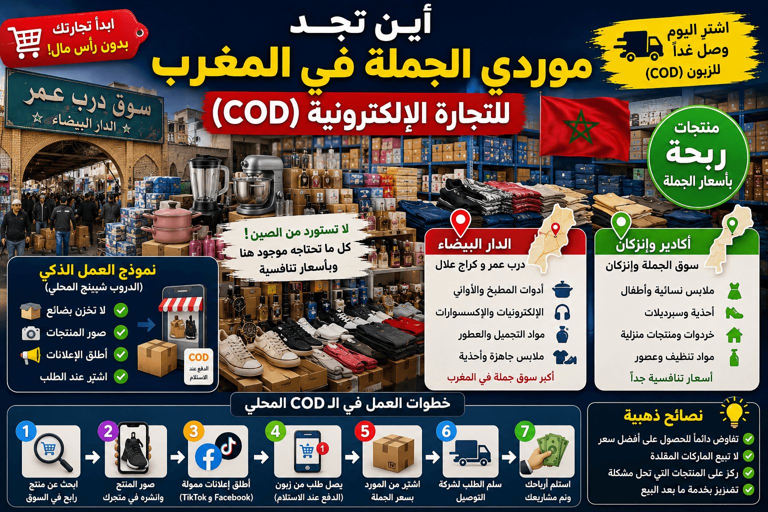 أين تجد موردي الجملة في المغرب للتجارة الإلكترونية (الدفع عند الاستلام COD)؟