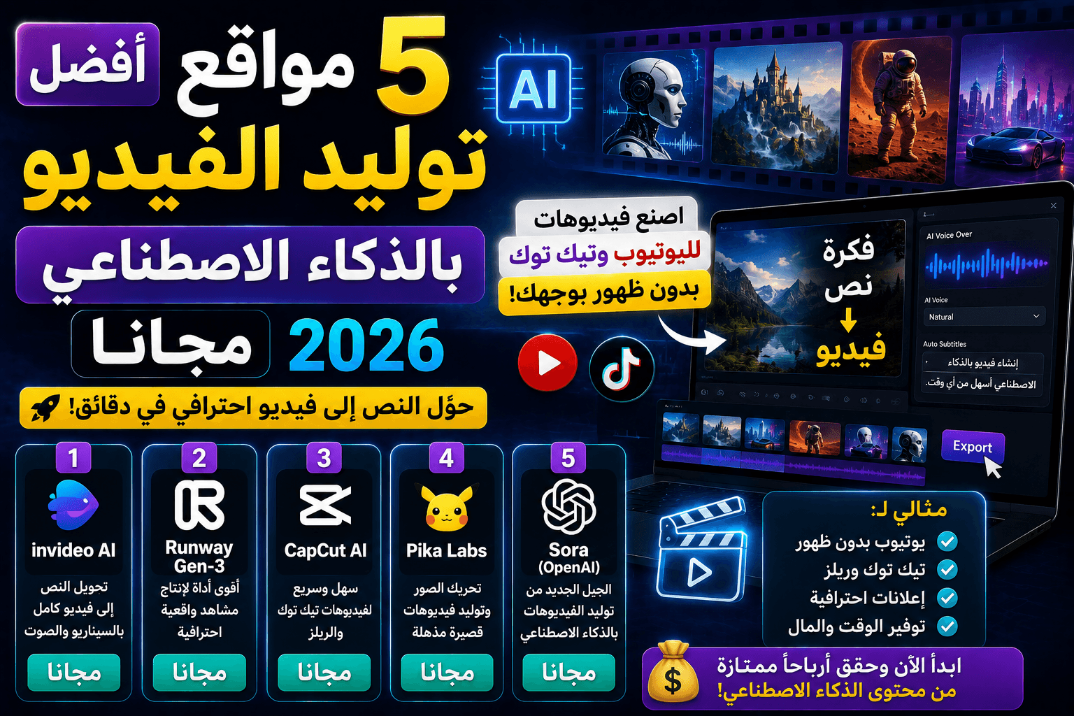 أفضل 5 مواقع توليد الفيديو بالذكاء الاصطناعي مجاناً 2026 (AI Video Generator)